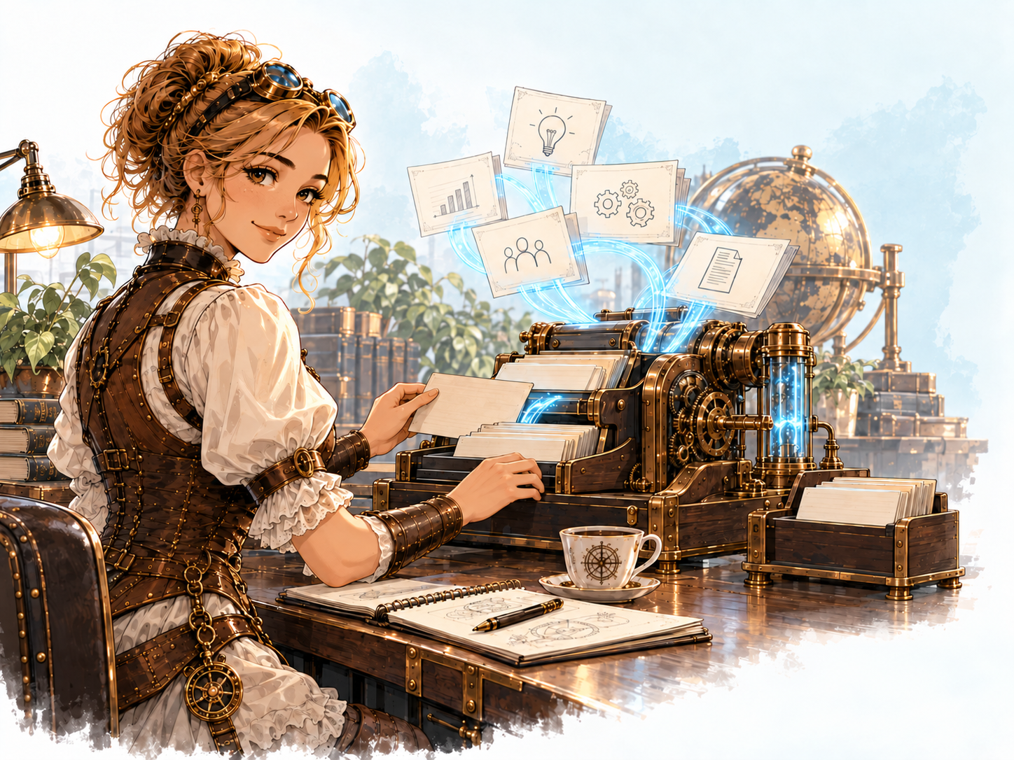 KI-generierte Illustration: NOVA ordnet Dokumentkarten an einer gemeinsamen Wissensstation; cyanfarbene Linien verbinden die Karten mit der Maschine.