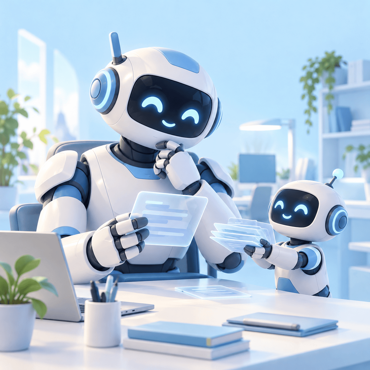 Gemma 4 31B mit MTP-Drafter – gemeinsame Textprüfung KI-generierte Illustration: Ein großer Roboter prüft Textkarten, die ihm ein kleiner Drafter-Roboter an einem Bürotisch reicht.