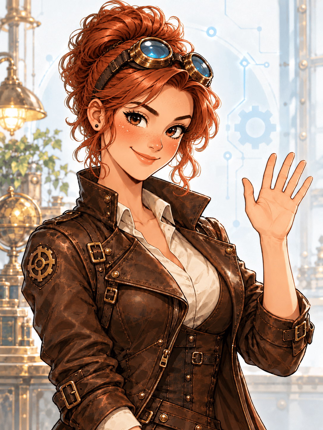 KI-generierte Illustration: NOVA mit kupferrotem Haar, Steampunk-Brille und dunkelbrauner Lederjacke lächelt und winkt zur Begrüßung.