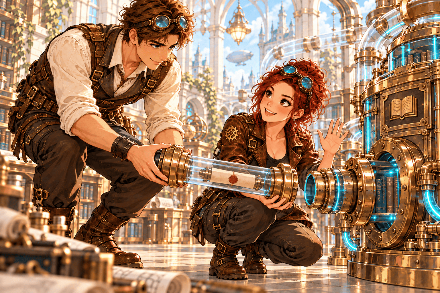 KI-generierte Illustration: NOVA hockt neben einer Wissensmaschine. Ein Kollege reicht ihr ein Glasrohr mit Kupferflansch, das sie lächelnd am passenden Anschluss entgegennimmt.