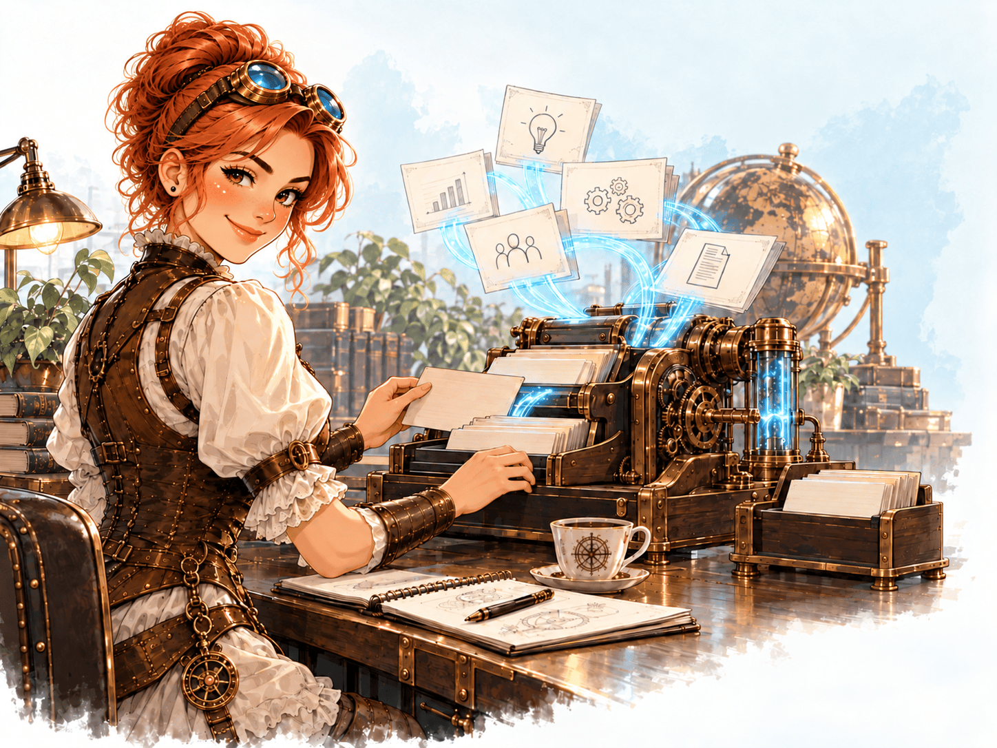 KI-generierte Illustration: NOVA ordnet Dokumentkarten an einer gemeinsamen Wissensstation; cyanfarbene Linien verbinden die Karten mit der Maschine.