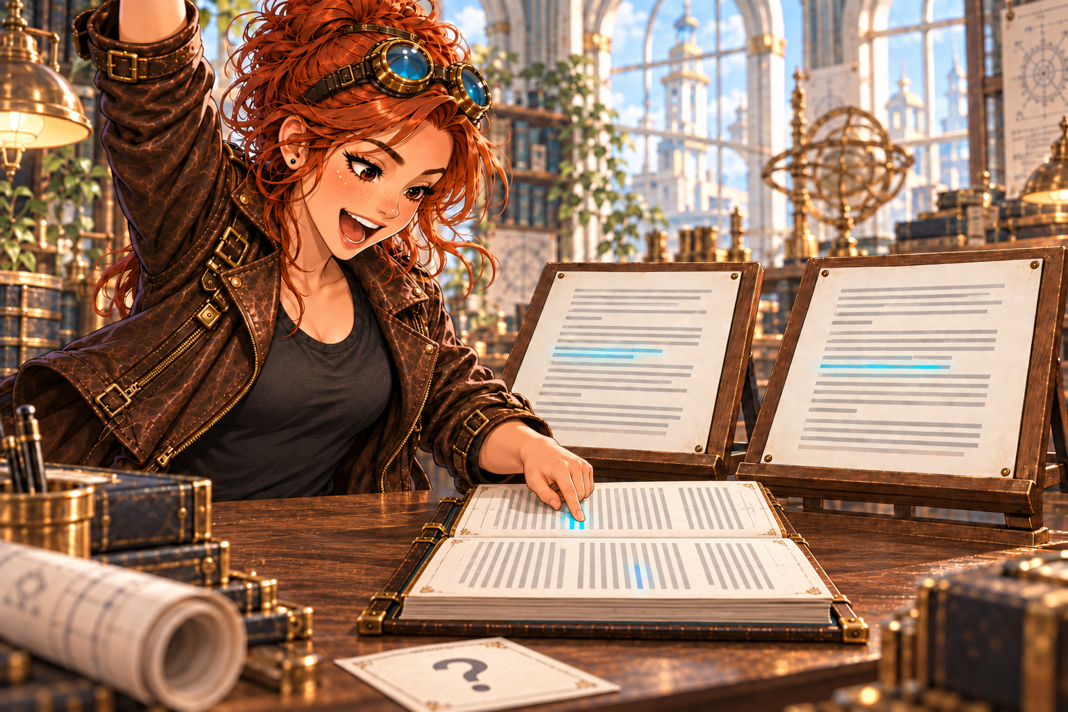 NOVA freut sich über die gefundene Textstelle KI-generierte Illustration: NOVA springt freudig auf und hebt den rechten Arm. Ihr linker Zeigefinger bleibt auf der markierten Fundstelle im zu ihr gedrehten Buch.
