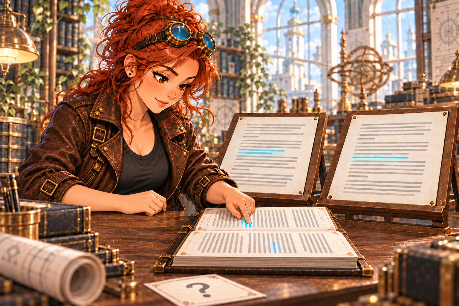 NOVA prüft die Fundstelle KI-generierte Illustration: NOVA liest konzentriert in einem zu ihr gedrehten Buch und zeigt mit dem linken Zeigefinger auf eine markierte Fundstelle.