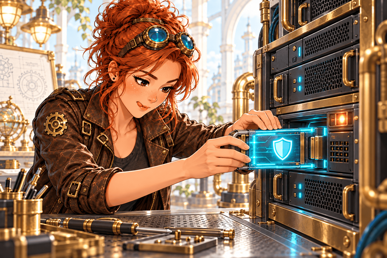 NOVA bei der Absicherung einer Serverumgebung KI-generierte Illustration: NOVA setzt ein Sicherheitsmodul in einen Server ein.