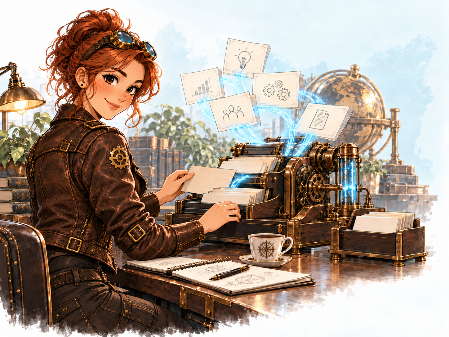 Illustration: NOVA mit kupferroten zerzausten Haaren, Fliegerbrille und dunkler Lederjacke ordnet Dokumente an ihrer Wissenszentrale.